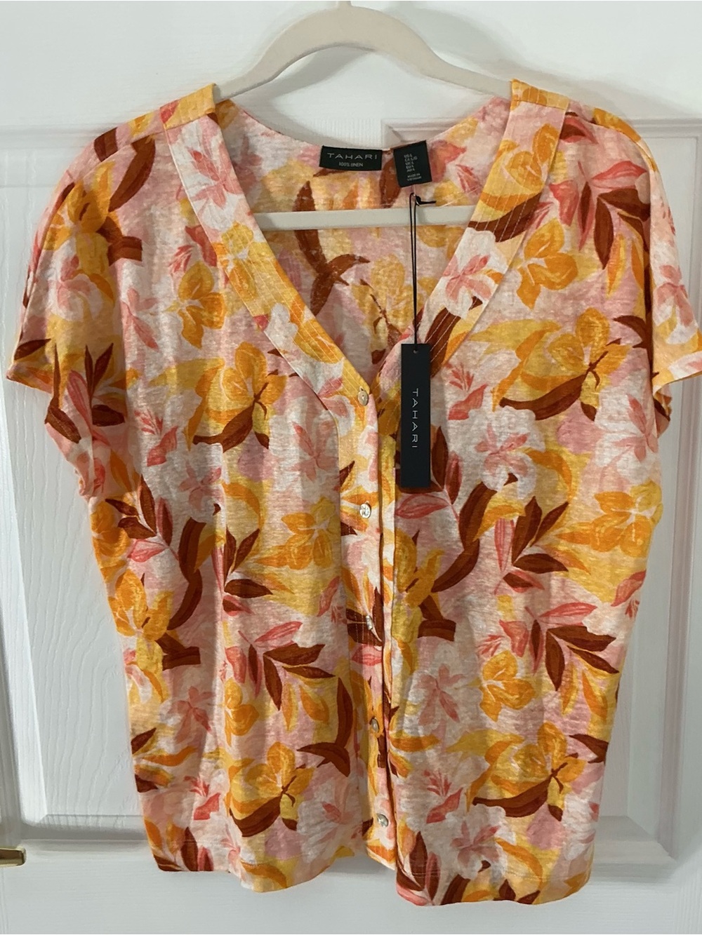 NWT Tahari Luxe Linen Floral V-Neck Button Up Blouse Large Orange Pink Tropical